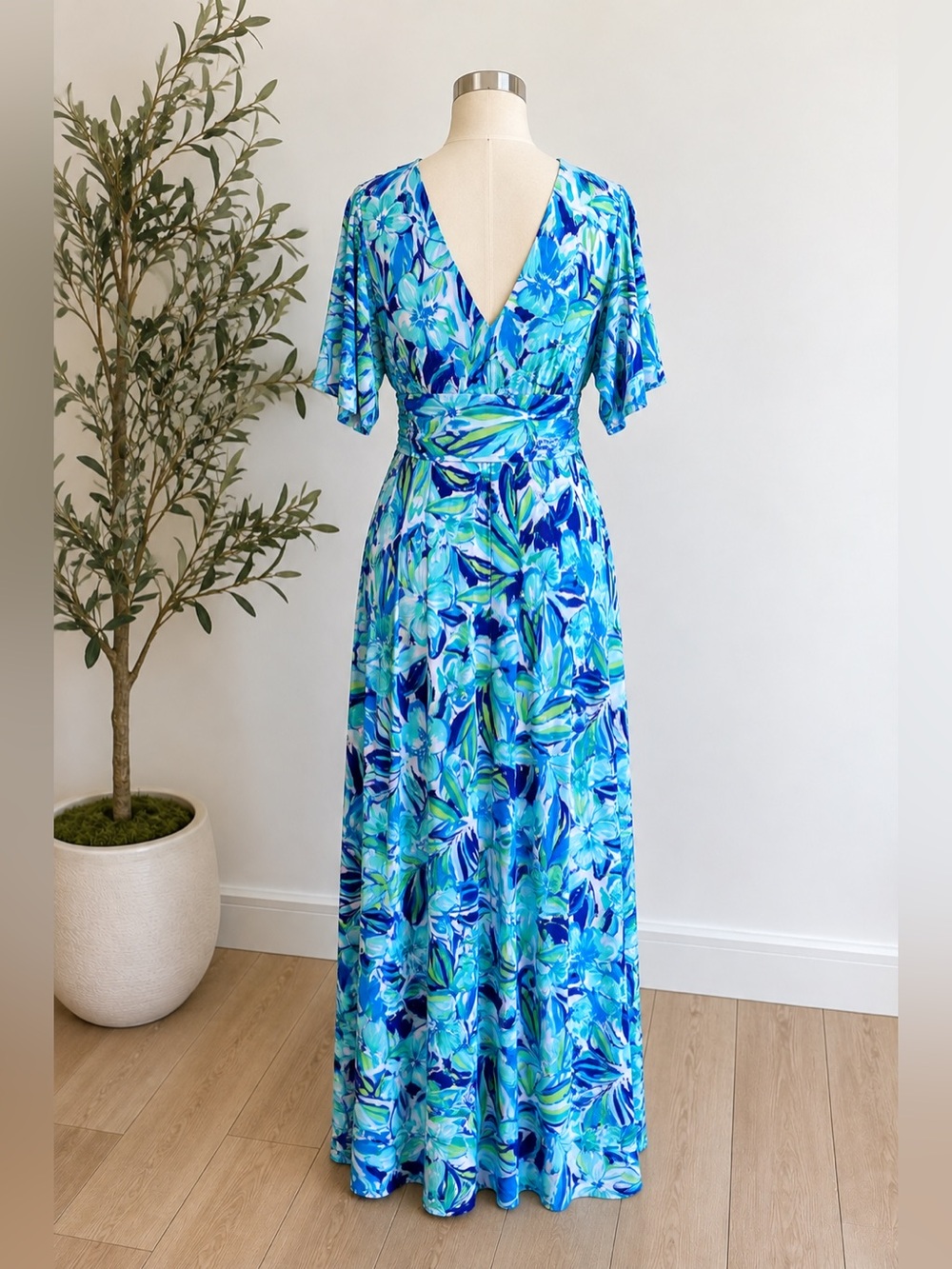 $119 PAPPAGALLO Maxi Dress Botanical TropicaL Jade Aqua Green Medium Stretch - Picture 3 of 7